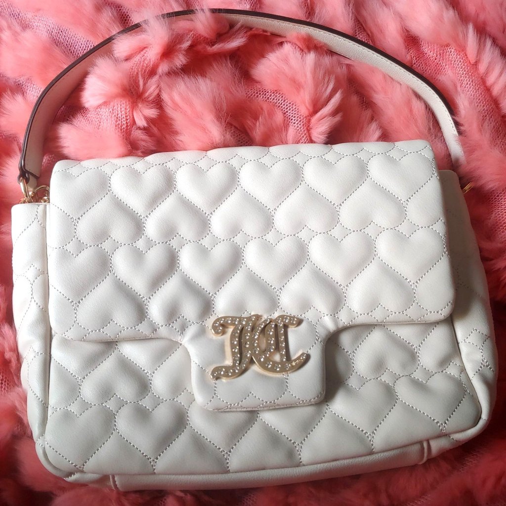 Juicy Couture Jeweled Love Hearts Girly Y2k Logo Softgirl Blingy Purse Bag Cream